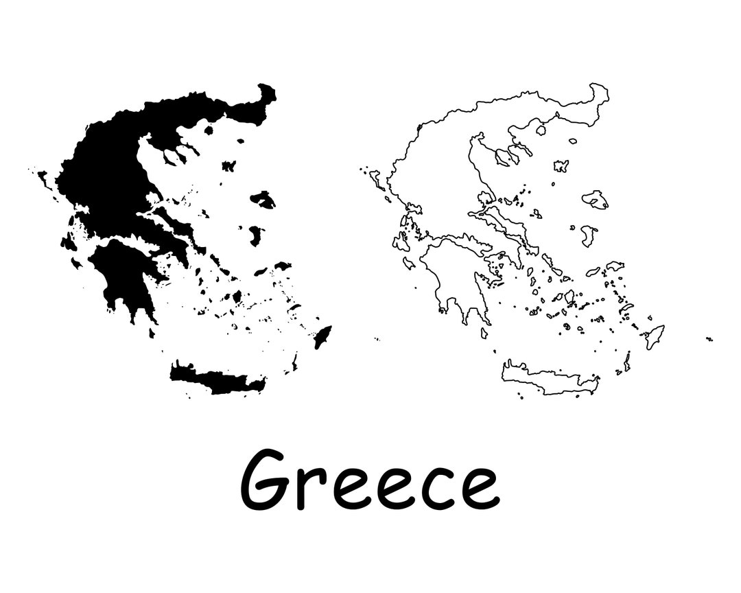 Map of Greece, Greek Map, Black and White Detailed Solid Outline