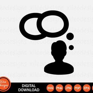 May include: Black and white silhouette of a person with two thought bubbles above their head. The thought bubbles are connected and have a rounded shape.