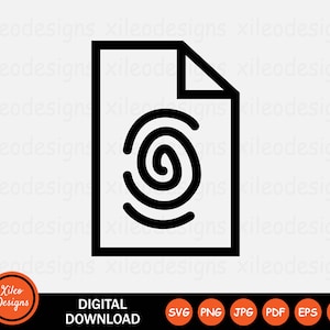 Peut inclure: Icône noire et blanche d'un fichier avec une empreinte digitale à l'intérieur. L'icône du fichier a un pli en haut. L'empreinte digitale est en forme de spirale.