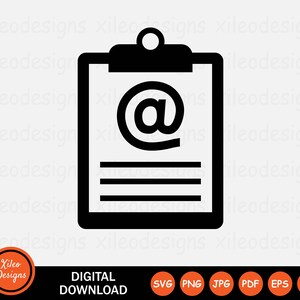 May include: Black and white icon of a clipboard with an at symbol inside a circle at the top and three horizontal lines below. The icon is for digital download in SVG, PNG, JPG, PDF, EPS, and AI formats.