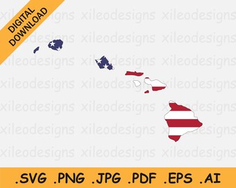 Hawaii Map US Flag svg - HI USA on American Flag, America State Banner Shape Border Outline, Cricut Cut File Vector Icon, eps ai png jpg pdf