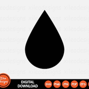Puede incluir: Una silueta negra de una gota de agua. Esta descarga digital está disponible en los formatos SVG, PNG, JPG, PDF, EPS y AI.