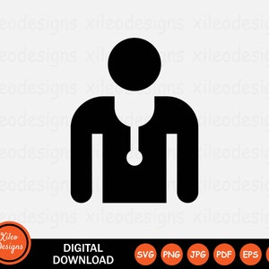 May include: Black and white silhouette of a doctor wearing a stethoscope. The doctor is facing forward with arms at their sides.