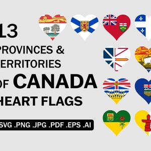 Províncias e territórios canadenses Bandeiras de coração SVG, Canadá Província Território Love Shape Flag Cricut Cut File Vector Set, png jpg pdf eps ai