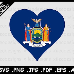 May include: A blue heart-shaped graphic with the New York state seal. The seal features a woman holding a scale, a woman holding a staff, and a sun rising over a mountain range. The text "EXCELSIOR E PLURIBUS UNUM" is written on a banner below the seal.