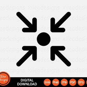 Op de afbeelding: Zwarte afbeelding van vier naar binnen wijzende pijlen rond een centrale zwarte cirkel. De afbeelding bevat de tekst "DIGITALE DOWNLOAD" en een logo met de tekst "Xileo Designs". Er zijn ook pictogrammen voor bestandstypen aanwezig.