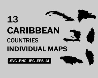 Individual Caribbean Country Maps, National Nation Countries Solid Outline Map Set, Cricut Cut File Silhouette Vector Clipart eps ai png jpg