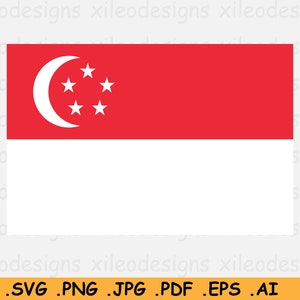 May include: The flag of Singapore. It features a red field with a white crescent moon and five white stars.