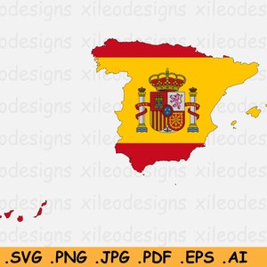 Spain Flag Map SVG, Spanish Digital SVG Map Flag, Country Nation Silhouette Outline Atlas, Scrapbook Clipart Vector Icon, eps ai png jpg pdf image 1