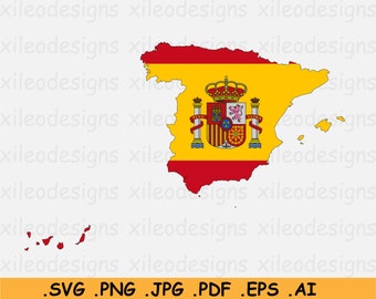 Spain Flag Map SVG, Spanish Digital SVG Map Flag, Country Nation Silhouette Outline Atlas, Scrapbook Clipart Vector Icon, eps ai png jpg pdf