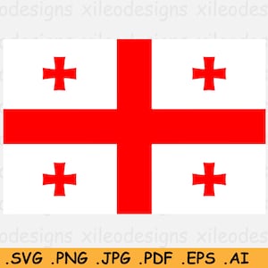 May include: The flag of Georgia, a white field with a large red cross in the centre, and four smaller red crosses in the corners.