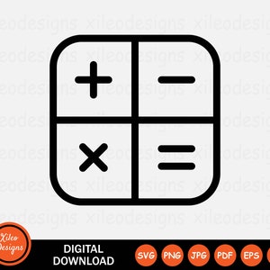 May include: A black and white calculator icon with the symbols plus, minus, multiply, and equals.