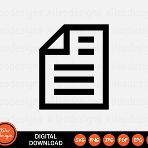 May include: Black and white icon of a document with a folded corner and four lines of text. The icon is a digital download.