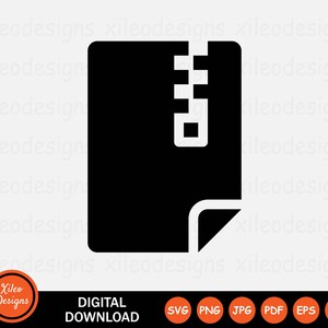 May include: Black and white icon of a file folder with a zipper on the front. The file folder has a curled corner. The icon is a digital download.