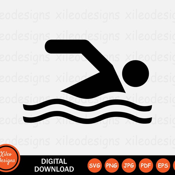 Swimming Icon SVG - Swim Swimmer Man Stick Figure Sport Athlete Vector Symbol Sign Graphic Clipart Cricut Instant Digital png jpg eps pdf ai