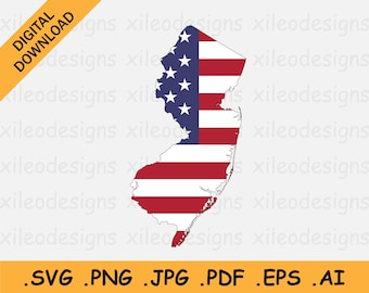 New Jersey Map US Flag svg - NJ USA on American Flag, America State Banner Shape Border Outline, Cricut Cut File Vector, eps ai png jpg pdf