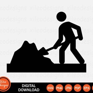 May include: Black and white silhouette of a person digging with a shovel. The person is wearing a hard hat and is standing on a construction site.
