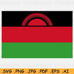 Puede incluir: La bandera de Malaui, un tricolor horizontal negro, rojo y verde con un sol rojo naciente con rayos en el centro de la banda negra.