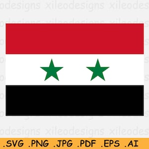 Puede incluir: La bandera de Siria, una bandera tricolor horizontal con franjas rojas, blancas y negras. Dos estrellas verdes de cinco puntas están centradas en la franja blanca.