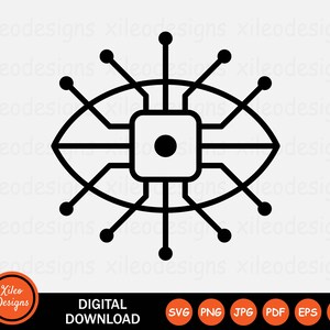 Peut inclure: Icône d'œil numérique noir et blanc avec un design de circuit imprimé. L'œil est ouvert et a un petit cercle au centre. Le circuit imprimé a des lignes qui se connectent à l'œil.