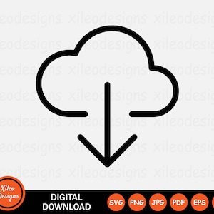Peut inclure: Icône noire et blanche d'un nuage avec une flèche pointant vers le bas, représentant un téléchargement depuis le nuage.