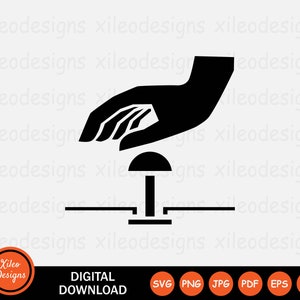 May include: Black and white illustration of a hand pressing a button. The button is a simple circle with a line extending down from it. The hand is in a fist with the index finger extended.