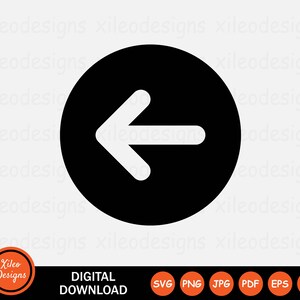 May include: Black circle with a white left arrow pointing to the left. The arrow is in the centre of the circle.