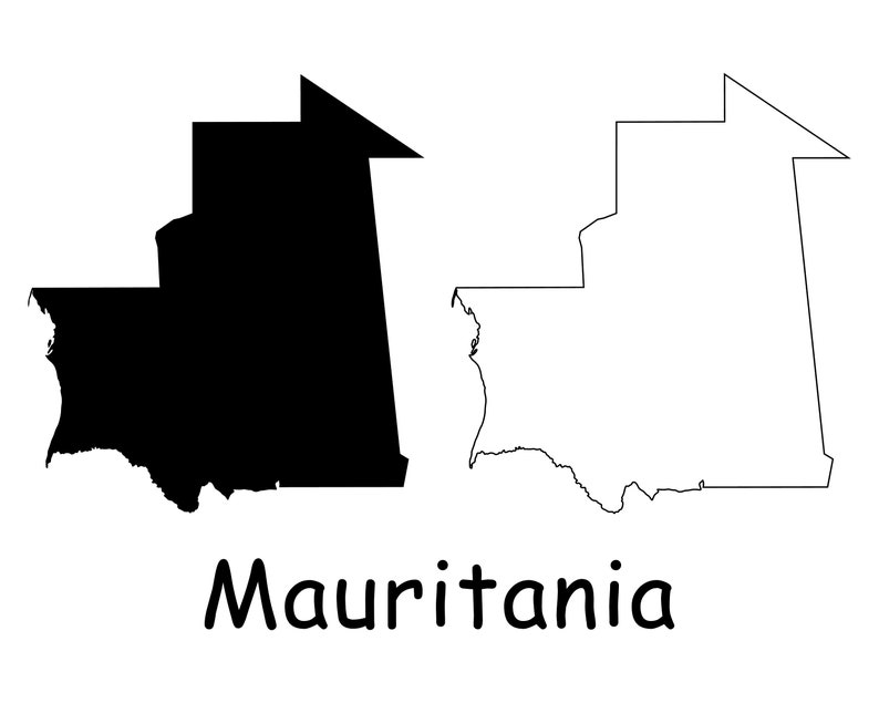 Carte de la Mauritanie, carte de la Mauritanie, noir blanc détaillé ligne continue pays frontière carte de la Mauritanie, téléchargement numérique instantané svg png eps ai image 1