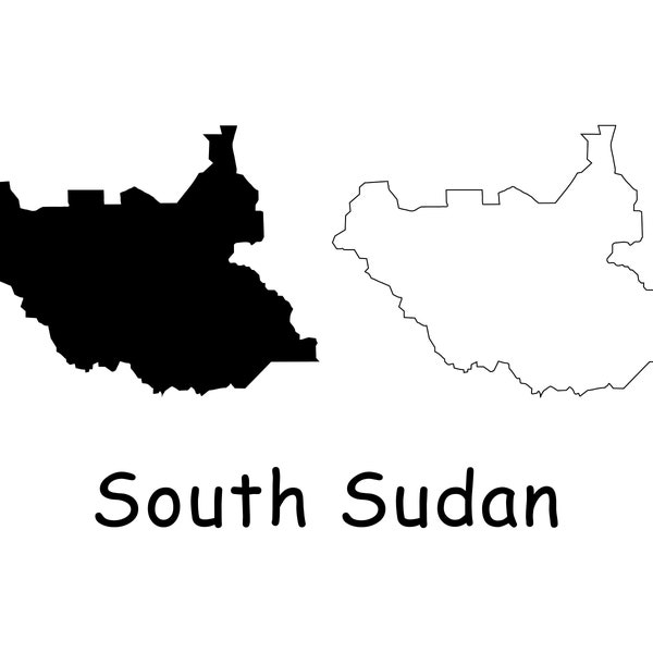 South Sudan Map, Black and White Detailed Solid Outline Border Boundary Country Map of South Sudan, Instant Digital Download svg png eps ai