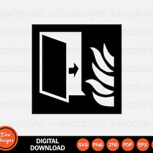 May include: Black and white fire exit sign with a door opening to the right and flames on the right side of the door.