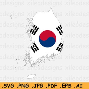 Südkorea Flagge Karte SVG, Koreanische Cricut Cut Datei, Country Nation Silhouette Outline Atlas, Scrapbook Clipart Vektor Icon, eps ai png jpg pdf