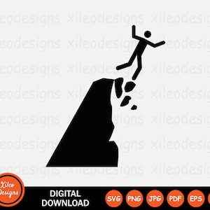 May include: Black and white silhouette of a person falling off a cliff. The person is falling headfirst with their arms outstretched. The cliff is jagged and has a rocky texture.