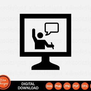 May include: Black and white icon of a person raising their hand in front of a computer screen with a speech bubble. The person is holding a pencil. The icon represents online learning or a virtual classroom.
