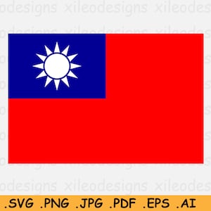 Puede incluir: La bandera de Taiwán, con un campo rojo y un cantón azul. El cantón presenta un sol blanco con 12 rayos.