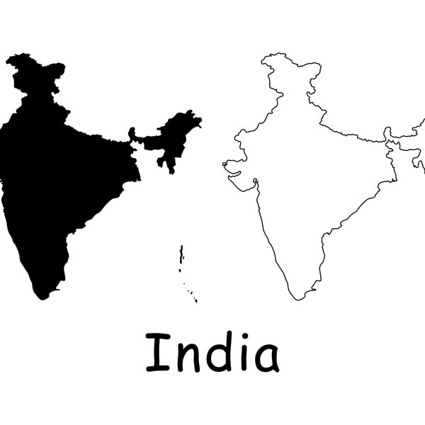 Map of India, Indian Map, Black and White Detailed Solid Outline Border Nation Country Map of India, Instant Digital Download svg png eps ai