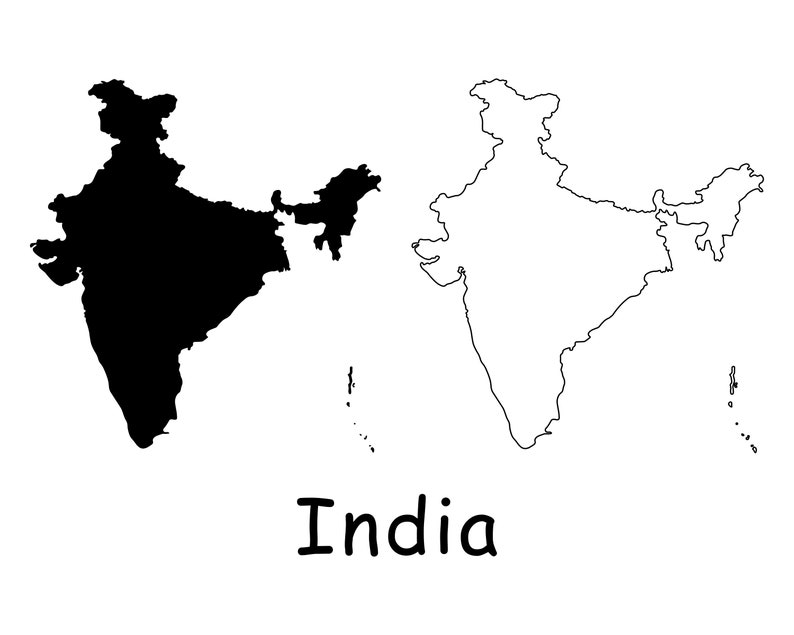 Map of India, Indian Map, Black and White Detailed Solid Outline Border Nation Country Map of India, Instant Digital Download svg png eps ai image 1