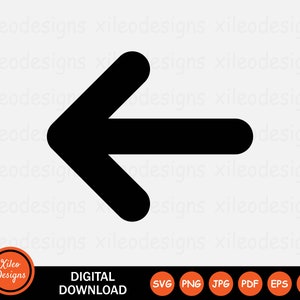 May include: Black arrow pointing to the left. The arrow is a simple, solid shape.