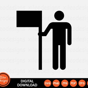 May include: Black silhouette of a person holding a flag on a pole. The flag is rectangular and has a plain design.