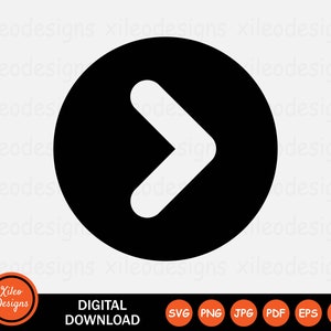 May include: Black circle with a white right arrow pointing to the right. The arrow is in the centre of the circle.