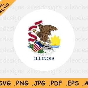 Op de afbeelding: Een witte cirkel met het staatszegel van Illinois. Het zegel toont een Amerikaanse zeearend met uitgespreide vleugels, die op een rots zit met een zonsopgang erachter. De adelaar houdt een lint in zijn snavel met de tekst "National Union". De adelaar staat op een schild met 13 rode en witte strepen en een blauw veld met witte sterren. Het schild is omgeven door groene bladeren. Het zegel bevat ook de woorden "State of Illinois" en de data "1868" en "1818". De woorden "ILLINOIS" staan onder het zegel.