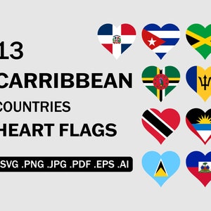 Caribbean Countries National Heart Flags SVG Bundle, Caribbean Country Nation Love Shape Flag Set, Cricut Cut File Vector png jpg pdf eps ai