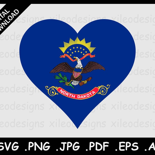 North Dakota Heart Flag SVG, ND USA Love Shape Flag, State Sign Symbol Icon Clipart Emoji Vector Digital Instant Download png jpg pdf eps ai