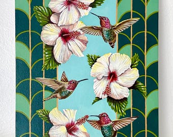 Kolibries en hibiscus - origineel olieverfschilderij