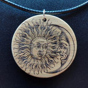 Alchemical Sun and Moon Pendant – Laser Engraved Northern Oak Amulet, Occult Jewelry, Mystical Hermetic Talisman, Gnostic Symbol Necklace