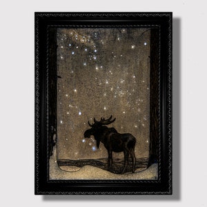 Enchanted Forest Elk – Dreamy Night Sky Print, Nordic Folk Fantasy Wall Art, Whimsical Pagan Nature Decor, Magical Woodland Home Gift