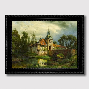 May include: A painting of a large, old, stone building with a red roof and a tall tower. The building is surrounded by trees and a small bridge over a river. The sky is cloudy and there are birds flying in the air.