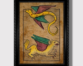 Medieval Bestiary Print with Gryphon & Harpy – Vintage Mythical Creatures Home Art, Fantasy Animal Poster, Illustrated Folklore Wall Hanging