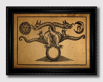 May include: A black and white illustration of a three-headed dragon holding a sphere in its claws. The dragon is surrounded by a sun and a crescent moon.