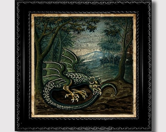 Medieval Ouroboros art print, Antique Alchemical drawing, Ancient