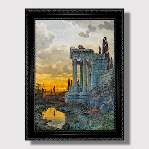 Ancient Temple at Sunset – Mystical Ruins Wall Art, Romantic Classical Landscape Print, Gift for Dreamers and Wanderers, Atmospheric Decor